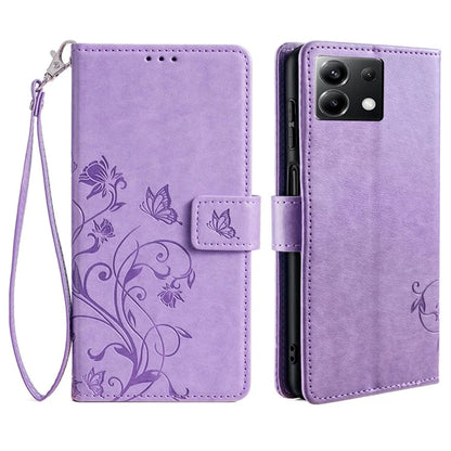 For Xiaomi Poco X6 5G Phone Cover with Wrist Strap PU Leather Stand Butterfly Flower Case