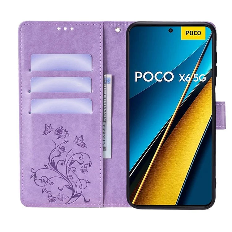 For Xiaomi Poco X6 5G Phone Cover with Wrist Strap PU Leather Stand Butterfly Flower Case