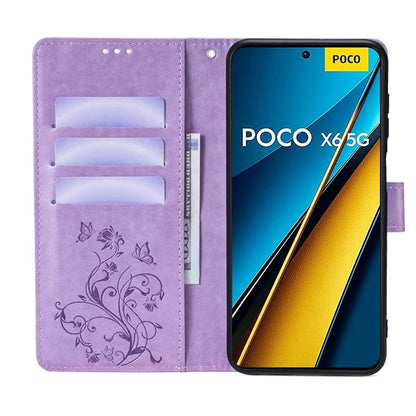 For Xiaomi Poco X6 5G Phone Cover with Wrist Strap PU Leather Stand Butterfly Flower Case