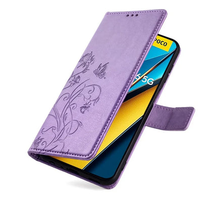 For Xiaomi Poco X6 5G Phone Cover with Wrist Strap PU Leather Stand Butterfly Flower Case