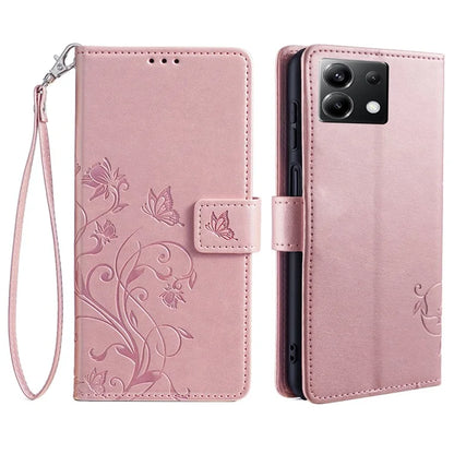 For Xiaomi Poco X6 5G Phone Cover with Wrist Strap PU Leather Stand Butterfly Flower Case