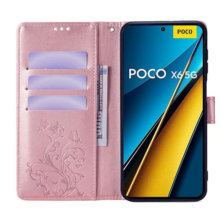 For Xiaomi Poco X6 5G Phone Cover with Wrist Strap PU Leather Stand Butterfly Flower Case