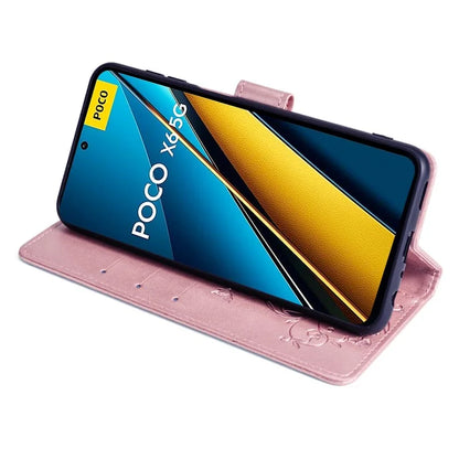 For Xiaomi Poco X6 5G Phone Cover with Wrist Strap PU Leather Stand Butterfly Flower Case