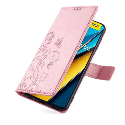 For Xiaomi Poco X6 5G Phone Cover with Wrist Strap PU Leather Stand Butterfly Flower Case