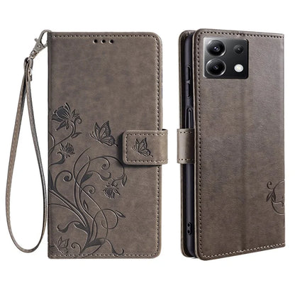 For Xiaomi Poco X6 5G Phone Cover with Wrist Strap PU Leather Stand Butterfly Flower Case