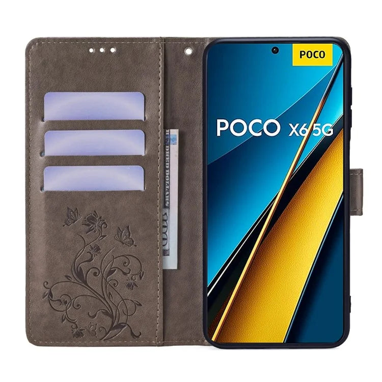 For Xiaomi Poco X6 5G Phone Cover with Wrist Strap PU Leather Stand Butterfly Flower Case