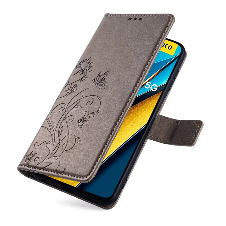 For Xiaomi Poco X6 5G Phone Cover with Wrist Strap PU Leather Stand Butterfly Flower Case