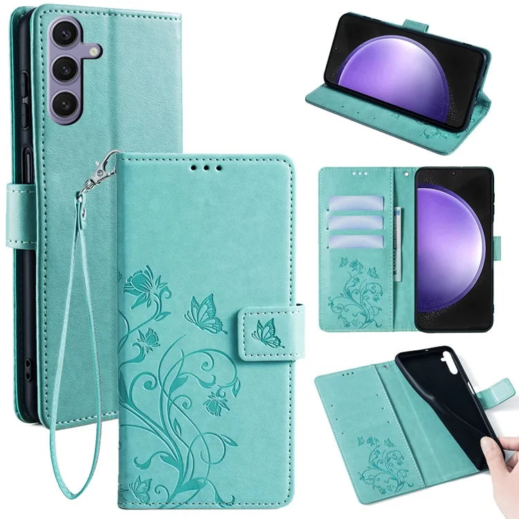 For Samsung Galaxy S23 FE Case Butterfly Flower Imprinted Leather Phone Cover with Wrist Strap