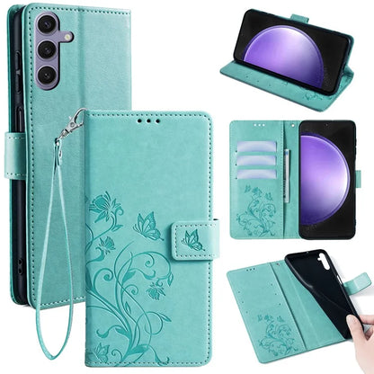 For Samsung Galaxy S23 FE Case Butterfly Flower Imprinted Leather Phone Cover with Wrist Strap