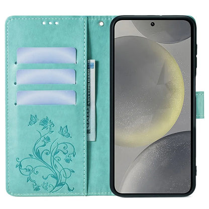 For Samsung Galaxy S23 FE Case Butterfly Flower Imprinted Leather Phone Cover with Wrist Strap