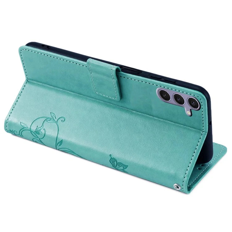 For Samsung Galaxy S23 FE Case Butterfly Flower Imprinted Leather Phone Cover with Wrist Strap