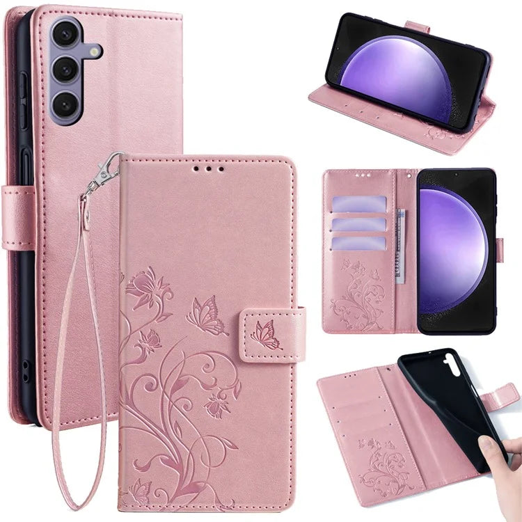 For Samsung Galaxy S23 FE Case Butterfly Flower Imprinted Leather Phone Cover with Wrist Strap