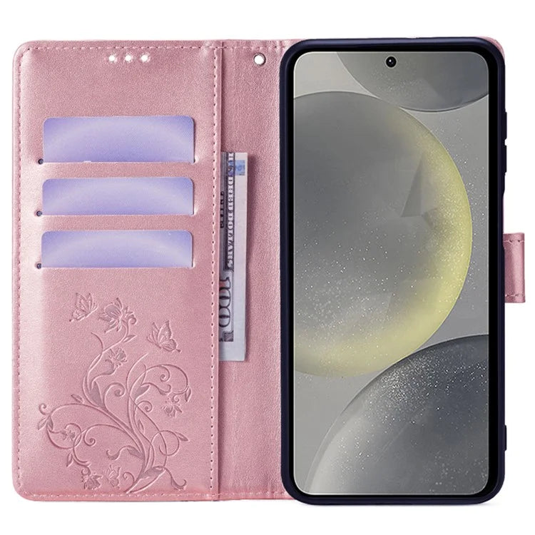 For Samsung Galaxy S23 FE Case Butterfly Flower Imprinted Leather Phone Cover with Wrist Strap