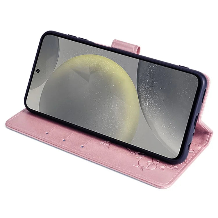 For Samsung Galaxy S23 FE Case Butterfly Flower Imprinted Leather Phone Cover with Wrist Strap