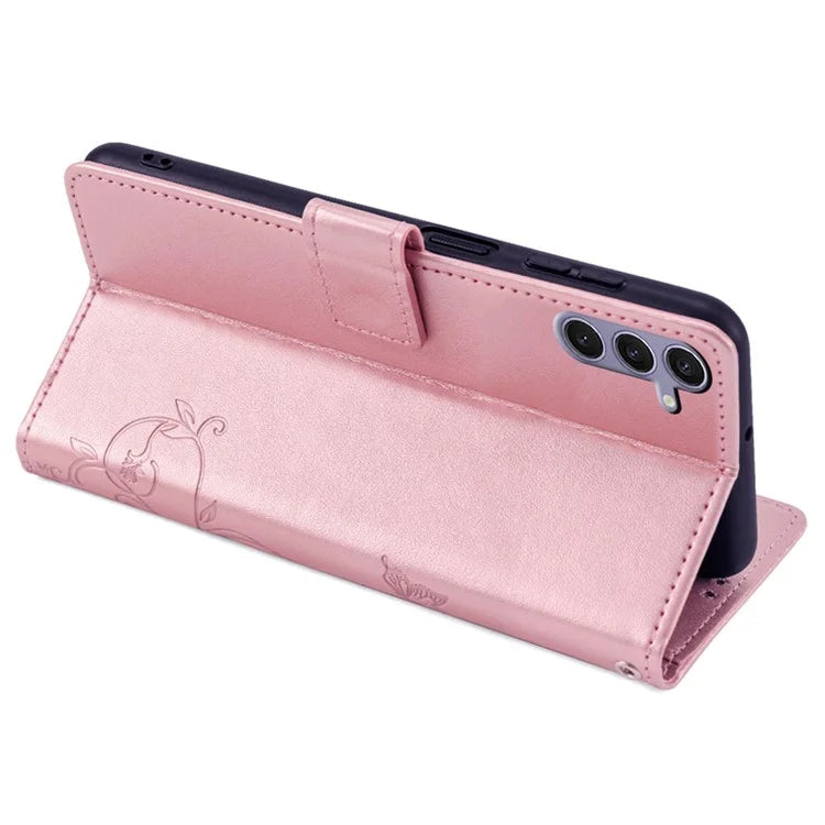 For Samsung Galaxy S23 FE Case Butterfly Flower Imprinted Leather Phone Cover with Wrist Strap