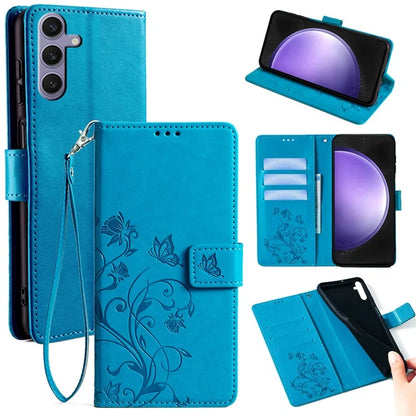 For Samsung Galaxy S23 FE Case Butterfly Flower Imprinted Leather Phone Cover with Wrist Strap