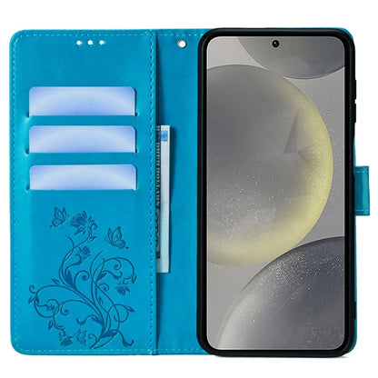 For Samsung Galaxy S23 FE Case Butterfly Flower Imprinted Leather Phone Cover with Wrist Strap