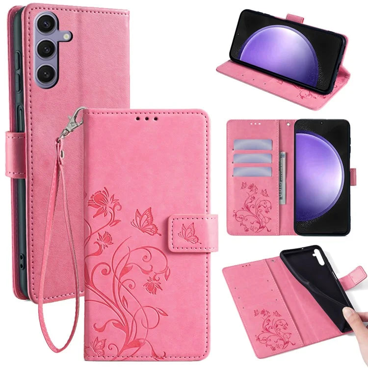 For Samsung Galaxy S23 FE Case Butterfly Flower Imprinted Leather Phone Cover with Wrist Strap