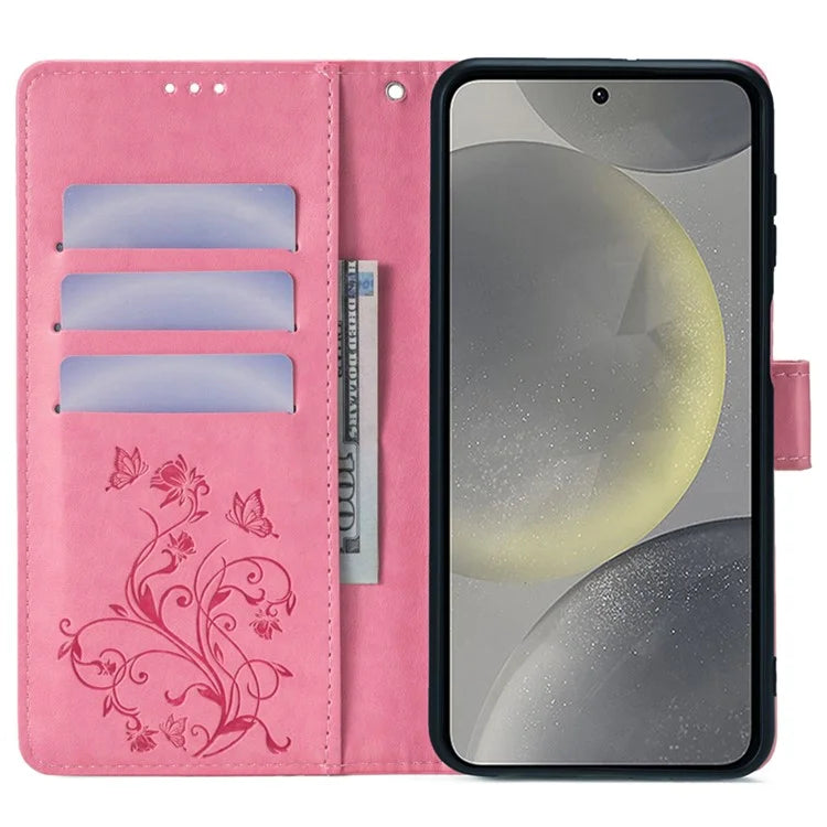 For Samsung Galaxy S23 FE Case Butterfly Flower Imprinted Leather Phone Cover with Wrist Strap