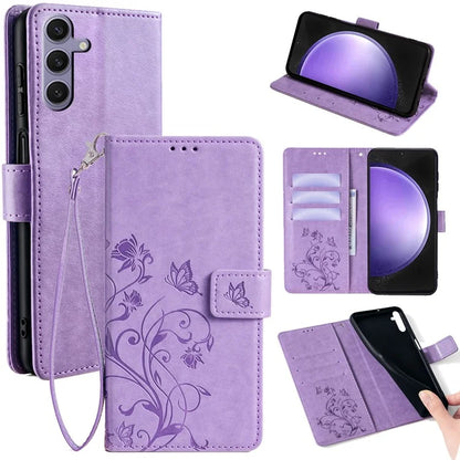 For Samsung Galaxy S23 FE Case Butterfly Flower Imprinted Leather Phone Cover with Wrist Strap