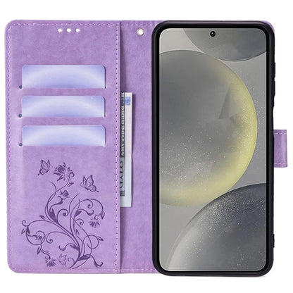 For Samsung Galaxy S23 FE Case Butterfly Flower Imprinted Leather Phone Cover with Wrist Strap