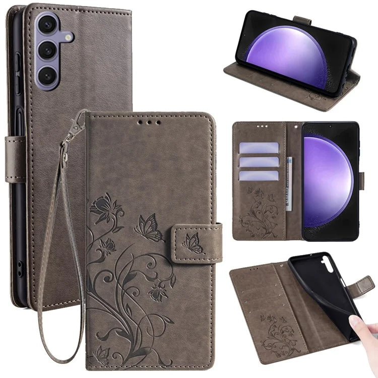 For Samsung Galaxy S23 FE Case Butterfly Flower Imprinted Leather Phone Cover with Wrist Strap