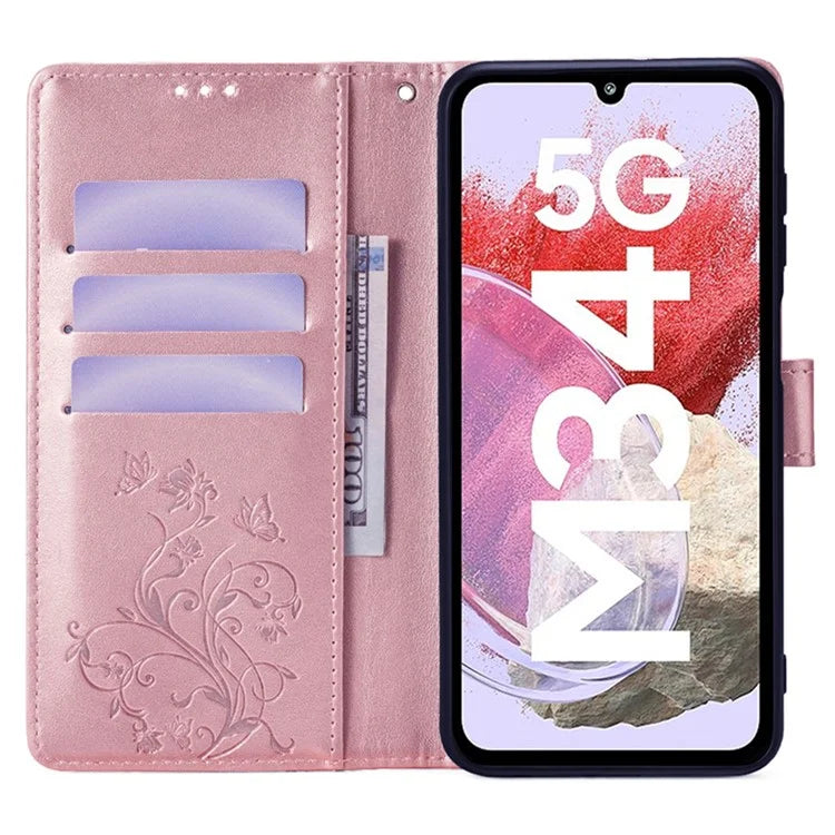 For Samsung Galaxy M34 5G / F34 5G Case PU Leather Card Slots Holder Pocket Butterfly Flower Phone Cover