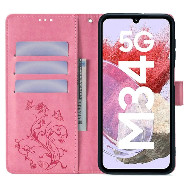 For Samsung Galaxy M34 5G / F34 5G Case PU Leather Card Slots Holder Pocket Butterfly Flower Phone Cover