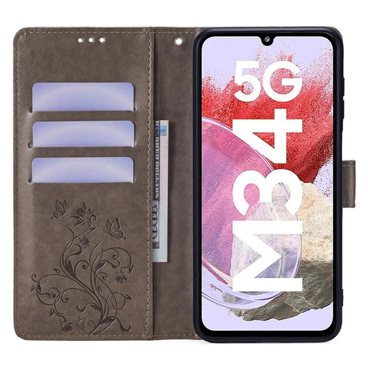 For Samsung Galaxy M34 5G / F34 5G Case PU Leather Card Slots Holder Pocket Butterfly Flower Phone Cover