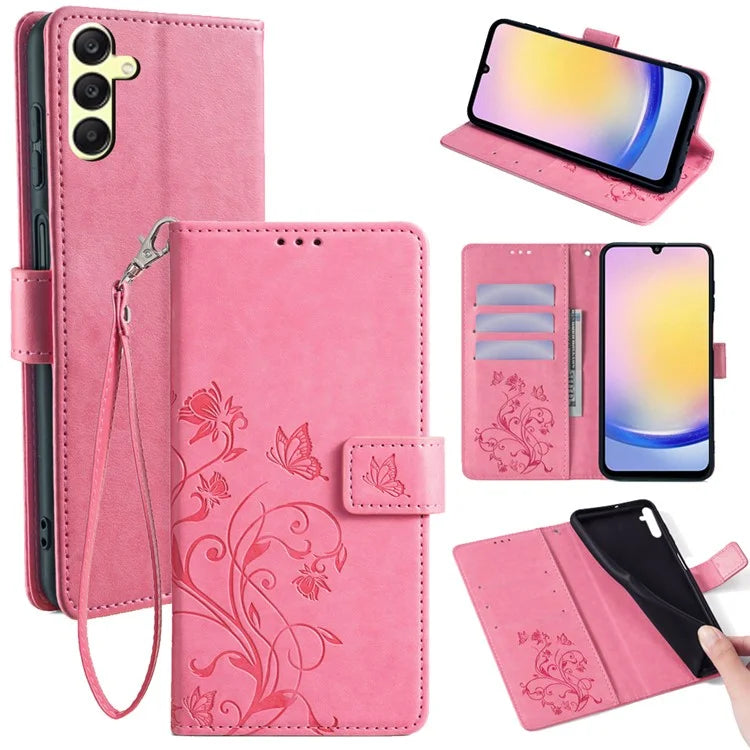 For Samsung Galaxy A25 5G (Global) (161.0 x 76.5 x 8.3mm) Case Butterfly Flower PU Leather Phone Folio Cover