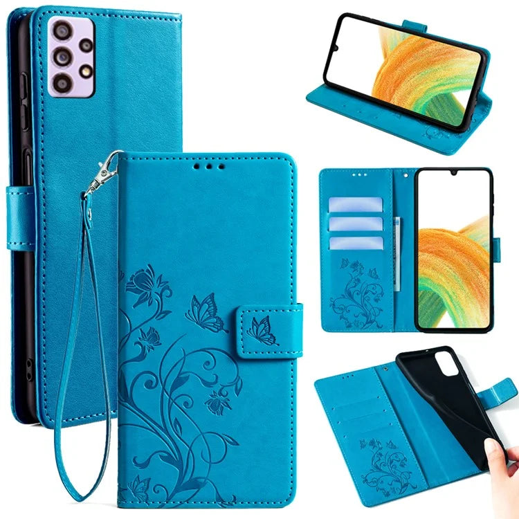 For Samsung Galaxy A33 5G Case Butterfly Flower Pattern Leather Phone Cover with Wrist Strap