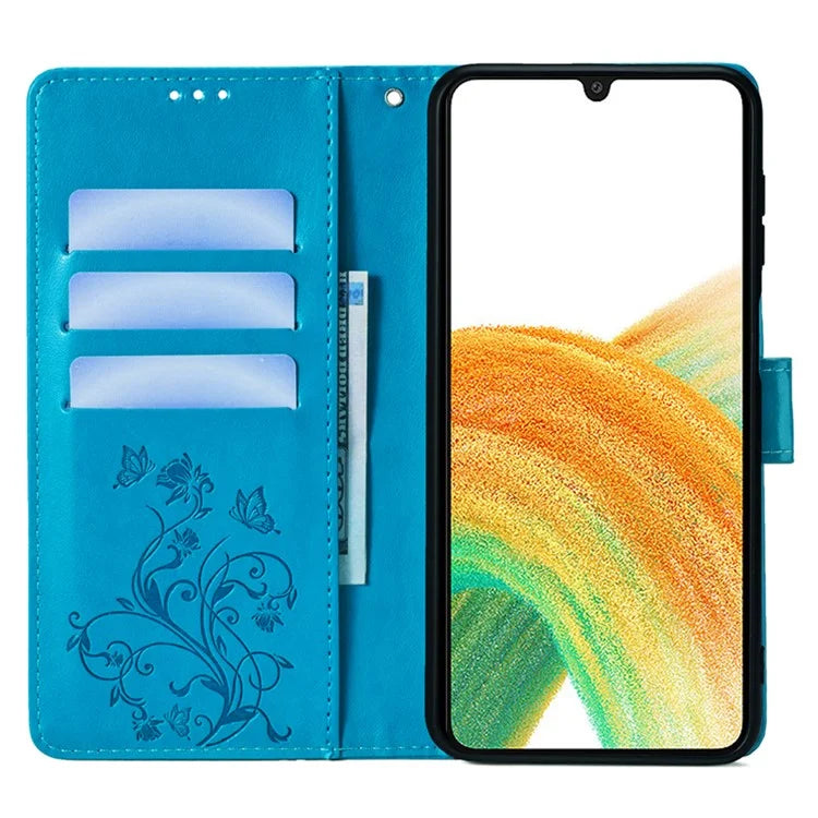 For Samsung Galaxy A33 5G Case Butterfly Flower Pattern Leather Phone Cover with Wrist Strap