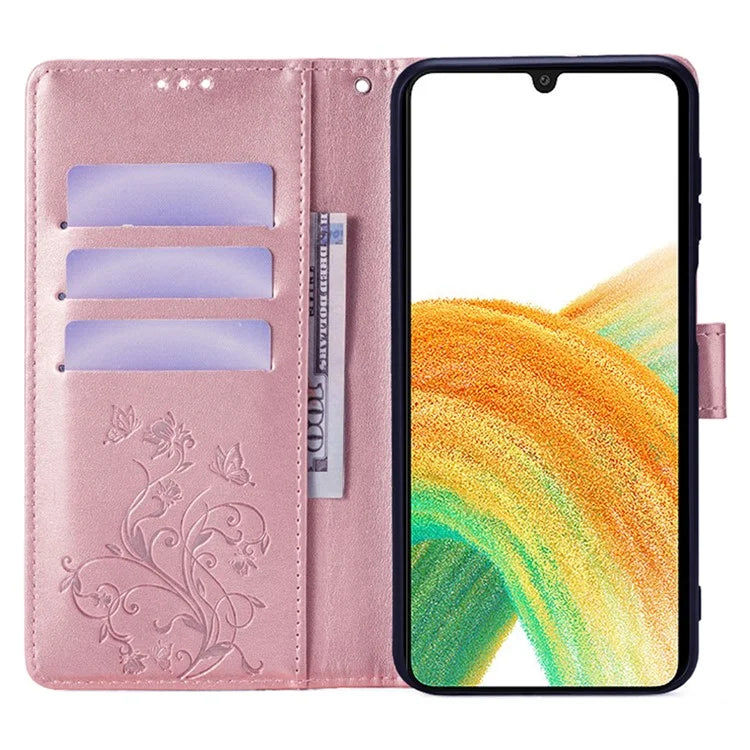 For Samsung Galaxy A33 5G Case Butterfly Flower Pattern Leather Phone Cover with Wrist Strap
