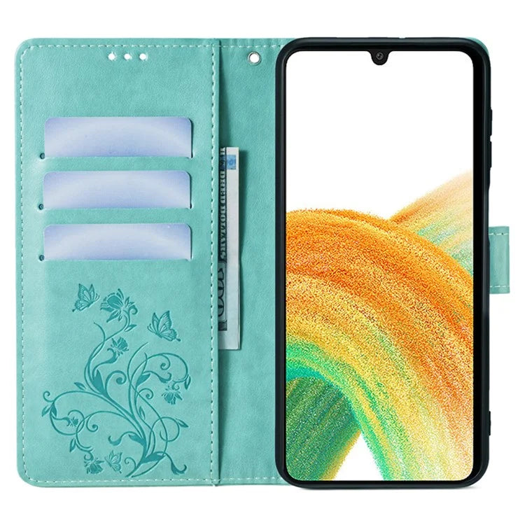 For Samsung Galaxy A33 5G Case Butterfly Flower Pattern Leather Phone Cover with Wrist Strap