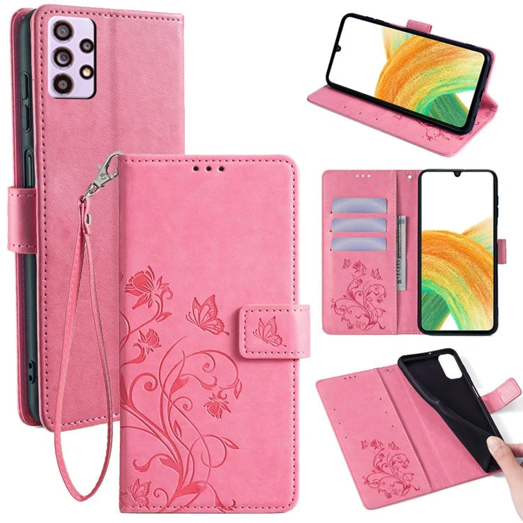 For Samsung Galaxy A33 5G Case Butterfly Flower Pattern Leather Phone Cover with Wrist Strap