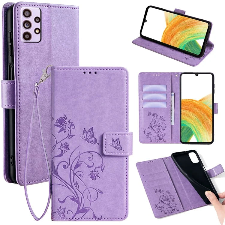 For Samsung Galaxy A33 5G Case Butterfly Flower Pattern Leather Phone Cover with Wrist Strap