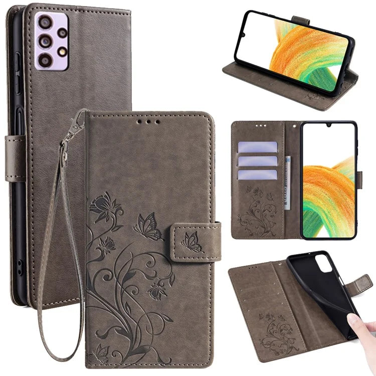 For Samsung Galaxy A33 5G Case Butterfly Flower Pattern Leather Phone Cover with Wrist Strap
