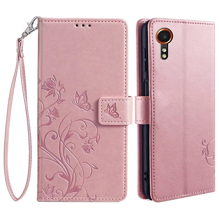 For Samsung Galaxy Xcover7 Case PU Leather Flip Stand Phone Cover Butterfly Flower Design