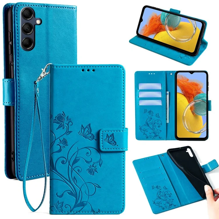For Samsung Galaxy M14 5G Phone Case Butterfly Flower Imprinted Leather Flip Cover with Wrist Strap