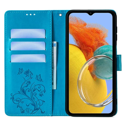 For Samsung Galaxy M14 5G Phone Case Butterfly Flower Imprinted Leather Flip Cover with Wrist Strap