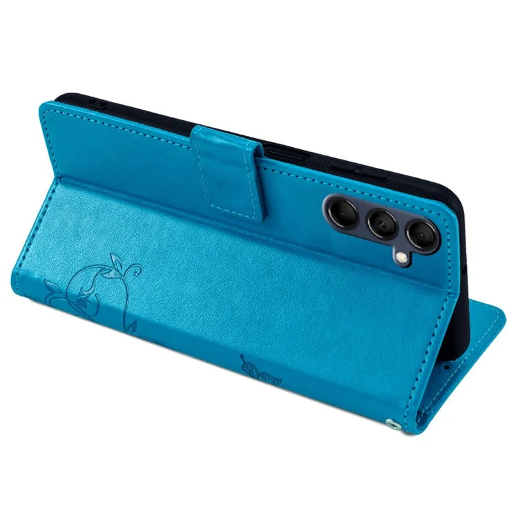 For Samsung Galaxy M14 5G Phone Case Butterfly Flower Imprinted Leather Flip Cover with Wrist Strap