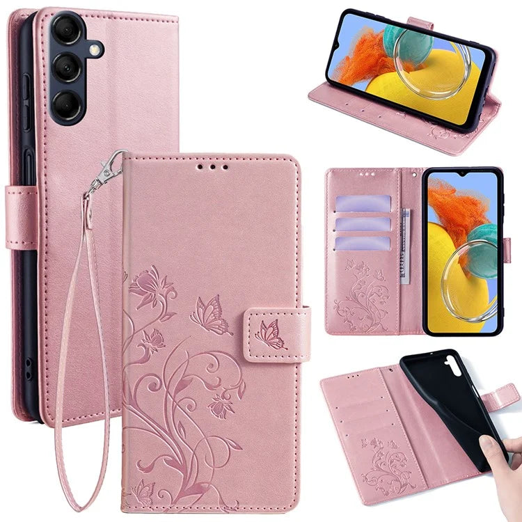 For Samsung Galaxy M14 5G Phone Case Butterfly Flower Imprinted Leather Flip Cover with Wrist Strap