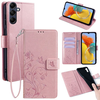 For Samsung Galaxy M14 5G Phone Case Butterfly Flower Imprinted Leather Flip Cover with Wrist Strap