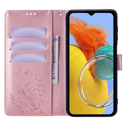 For Samsung Galaxy M14 5G Phone Case Butterfly Flower Imprinted Leather Flip Cover with Wrist Strap