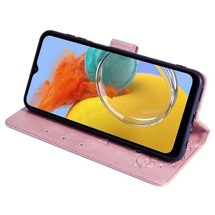 For Samsung Galaxy M14 5G Phone Case Butterfly Flower Imprinted Leather Flip Cover with Wrist Strap