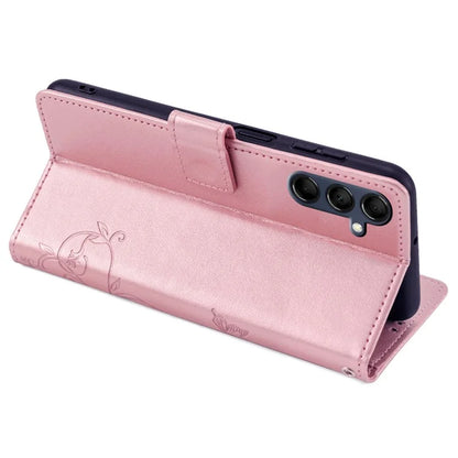 For Samsung Galaxy M14 5G Phone Case Butterfly Flower Imprinted Leather Flip Cover with Wrist Strap