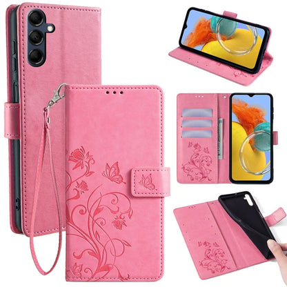 For Samsung Galaxy M14 5G Phone Case Butterfly Flower Imprinted Leather Flip Cover with Wrist Strap