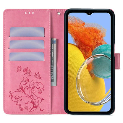 For Samsung Galaxy M14 5G Phone Case Butterfly Flower Imprinted Leather Flip Cover with Wrist Strap