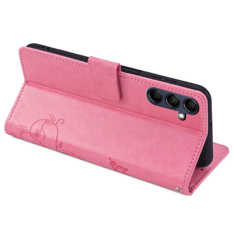 For Samsung Galaxy M14 5G Phone Case Butterfly Flower Imprinted Leather Flip Cover with Wrist Strap