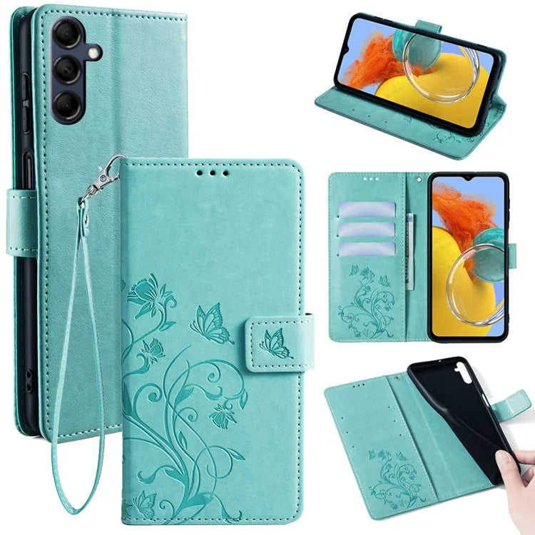 For Samsung Galaxy M14 5G Phone Case Butterfly Flower Imprinted Leather Flip Cover with Wrist Strap